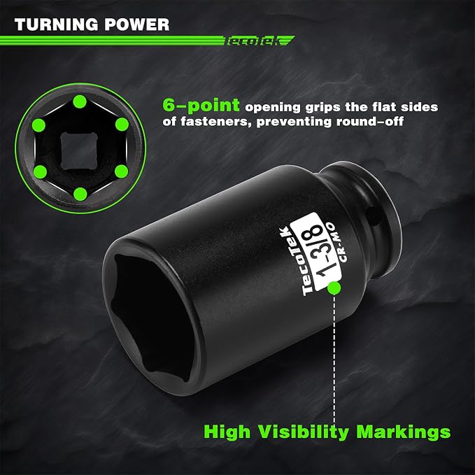 TecoTek 1/2" Drive Deep 6-Point Impact Socket Set, 10-Piece Deep SAE Spindle Axle Nut Impact Socket Set, Cr-Mo, 1-1/16-Inch to 1-5/8-Inch Size, Enhanced Storage Case