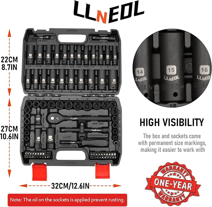 LLNEDL 3/8" Impact Socket Set Drive, 95Pcs Deep&Shallow Socket Wrench Set | 6 Point Metric&Standard Full (5/16"-3/4",8-22mm) with Spark Plug Socket, 72T Ratchet Handle, Screwdrivers for Automotive&Home