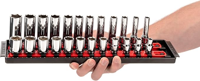 TEKTON 3/8 Inch Drive 6-Point Socket Set, 42-Piece | SHD91218 | (5/16 - 3/4 in., 8 - 19 mm), Shallow and Deep, Socket Rail