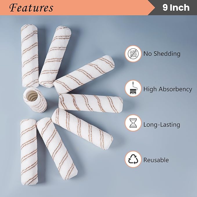 Mister Rui 9 Inch Paint Roller Covers, 12 Pack Bulk Saver for Whole House Painting, 3/8 Inch Nap Professional Roller Sleeves