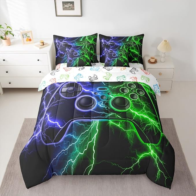 Erosebridal Gamer Twin Comforter Set with Sheets, Gaming 7 Piece Bedding Set Game Boy Games Bed in a Bag, Blue Green Lightning Room Decor,Kids Room Decor
