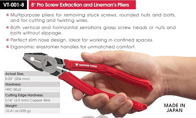 VAMPLIERS 2-PC Screw Extractor Pliers Set 8" Linesman + 7" Slip Joint Plier | VT-001-S2C Made in Japan, High Carbon Steel, Non-Slip Jaws, Removes Stripped, Rusted, Security, Torx Screws, Nuts & Bolts