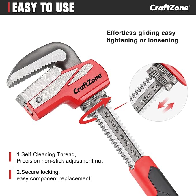 9 Inch Aluminum Pipe Wrench, Heavy-Duty Adjustable Plumbing Wrench, 50mm Max Jaw Capacity, Cr-V Steel Jaw, Lightweight Straight Pipe Wrench for Pipe Fittings