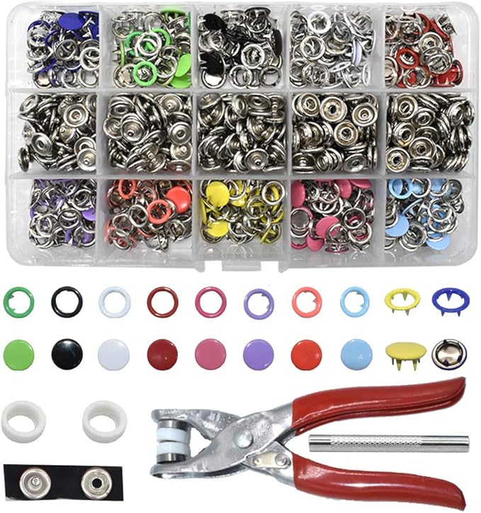 200 Set Snap Fastener Tool 10 Colors Solid &Hollow Mixed Diameter 9.5mm Metal Eyelets Shoes Clothes Crafts with Heavy-Duty Pliers