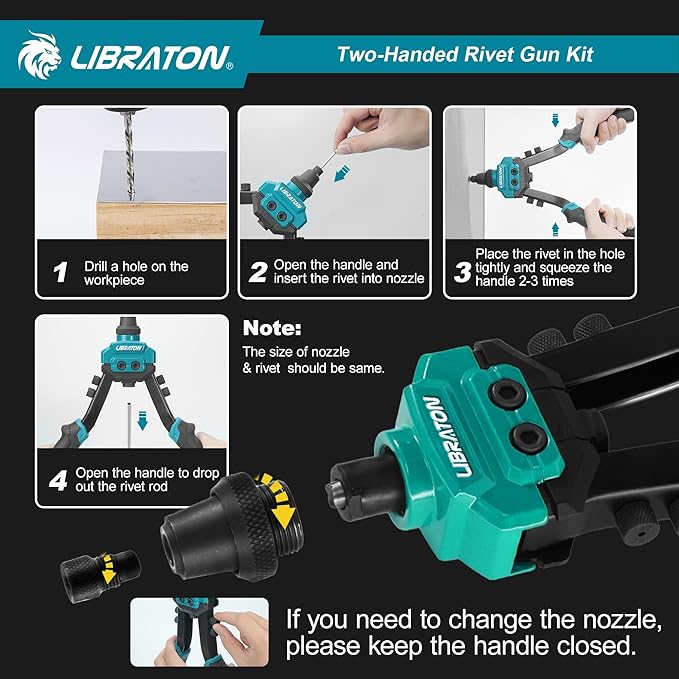 LIBRATON Pop Rivet Gun Kit, Two-Handed Rivet Gun, Heavy Duty Rivet Gun Kit, Pop Rivet Tool with 250 Aluminum Rivets in Box, 5 Tool-Free Interchangeable Nozzles, 5 HSS Drill Bits, for Automotive, Metal