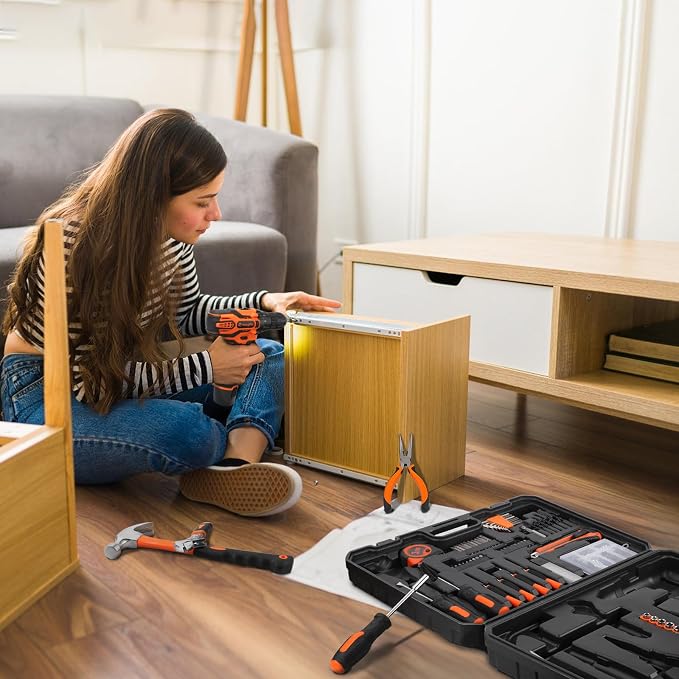 12V Cordless Drill Set, Home Tool Set with Cordless Drill for Men, Power Drill Box with 195 Pieces Household Hand Tools for Office (with 2.0Ah Battery & Charger)