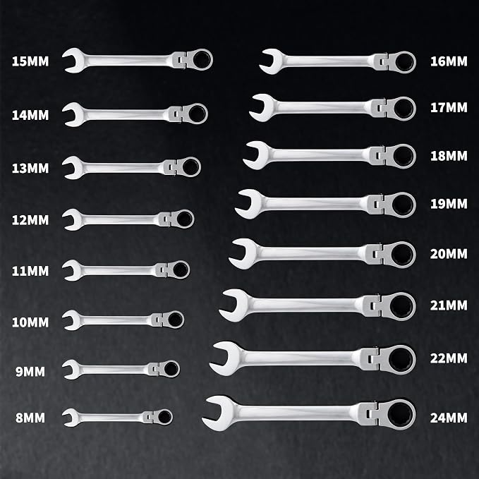 Garvee 16 Piece Metric Ratcheting Wrench Set Combination Ratcheting Wrench | 72-Tooth 5° Swing Arc CR-V Steel | Metric 8-24mm Complete Coverage for Automotive Repair, Mechanical Maintenance DIY Project
