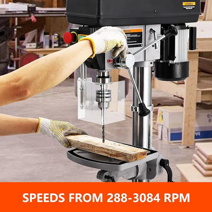13 in Floor Drill Press, 7.5 Amp 120V Pure Copper Motor with Swing-away Safety Guard, 288-3084 RPM Variable Speed, 0-45°Tilting Worktable, Tabletop Drilling Machine for Wood Metal