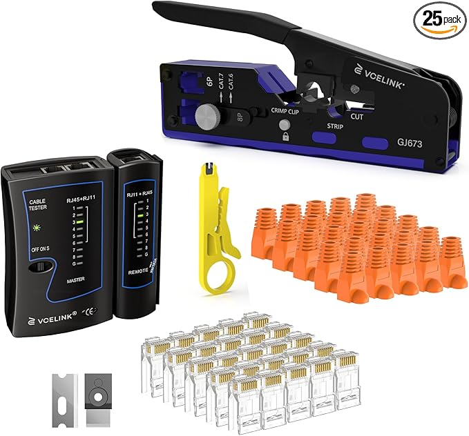 VCELINK RJ45 Crimp Tool Kit for CAT7/6A/6/5E/5, Upgraded Network Tool Set with an Ethernet Crimper, 25 RJ45 Connectors & Boots, Cable Tester, and Wire Stripper, Blue (no Cloth Bag Include)
