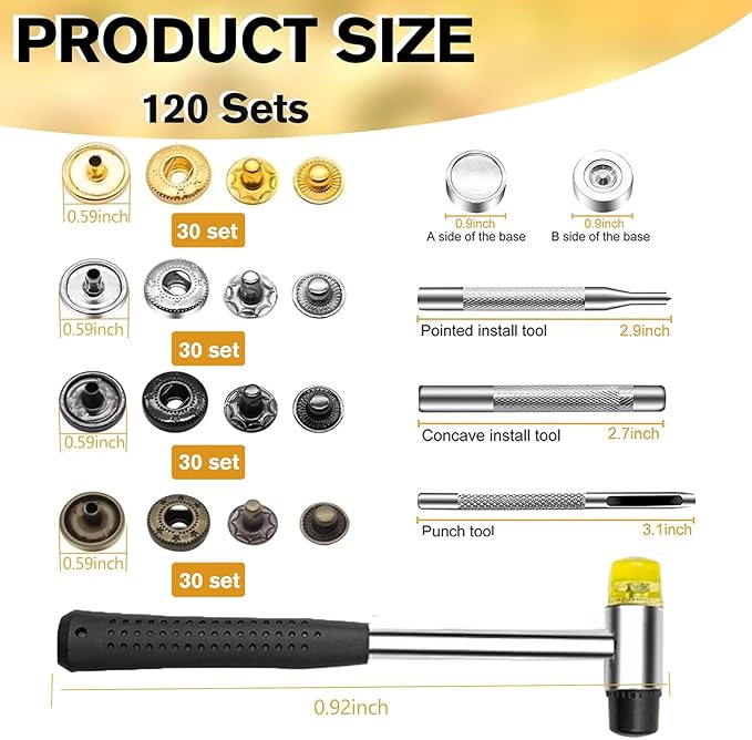 120 Sets Metal Snap Buttons, NXTOV 15mm Leather Snap Fasteners Kit with 5 Pieces Fixing Tools, 6 Colors Craft Snaps for Clothes, Windbreaker, Shirts, Jacket, Backpacks, Wallet,Bags