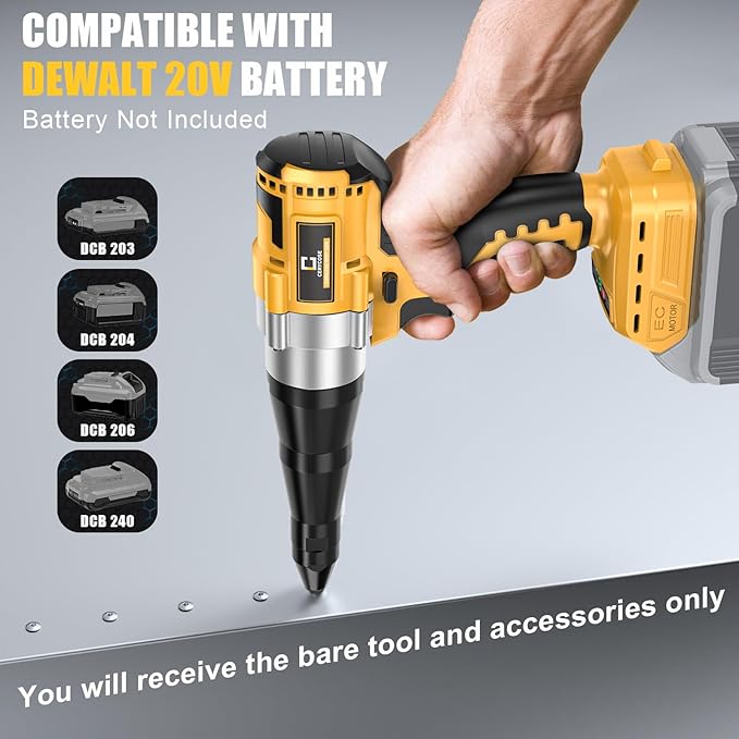 Cerycose Cordless Rivet Gun Compatible with DeWalt 20V Battery,Brushless Electric Rivet Nut Tool with 3 Sizes Steel Rivets(1/8",5/32",3/16") & Nose Pieces, Professional Riveters Gun 20V(Tool Only)