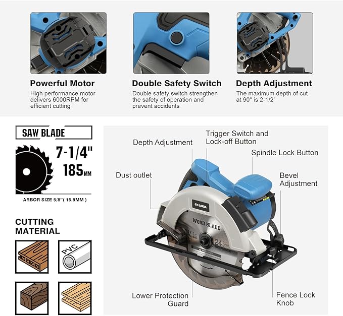 11A Corded Circular Saw with Laser Guide, 6000RPM Electric Circular Saw, 7-1/4" Blade, Max Cutting Depth 2-1/2" (90°) and 1-7/8" (45°), Carpentry Tool for Woodworking Plastic Precision Cutting