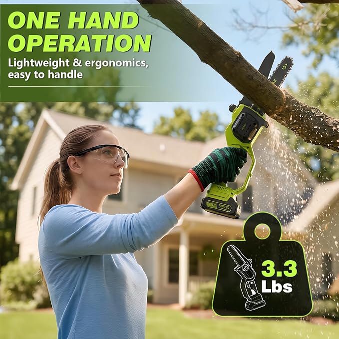 Mini Chainsaw 8 Inch & 6 Inch Bar, Electric Small Chainsaw Battery Powered | 2-Battery & 3-Chain, One Hand Operation, Brushless, Auto Oiler, Lightweight Handheld Chainsaw for Women and Beginners, Green