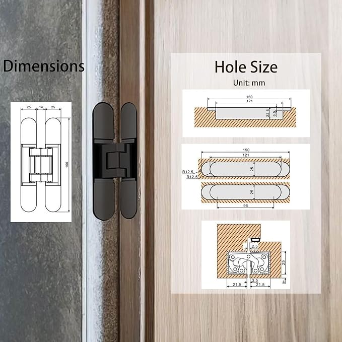 8-Pack 6 inch Hidden Door Hinges Heavy Duty Black, Invisible Concealed Hinges Zinc Alloy 6''x 2.5''x1Inch,180 Degree Swing Hinge, 3 Way Adjustable Hinge with Pins and Screws