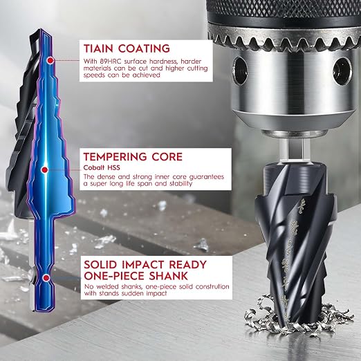 Cobalt M35 Step Drill Bit 1/4" to 3/4", TiAlN Coating 4 Spiral Flute Step Bit, 9 Sizes M35 Cobalt HSS Step Drill for Stainless Steel, Metal, Aluminum, Plastic