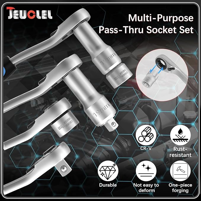 17PCS Pass Through Socket Set, Chrome Vanadium Steel, Versatile Space-Saving Design, Efficiency and Dependability, Enhanced Grip and Accessibility | Metric, Deep Socket Wrench Adapter, Reversing Ratchet, Extension Bar, Cr-V Steel, Low Profile, Long Bol...