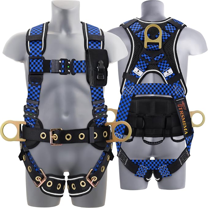 Trsmima Safety Harness Fall Protection - Full Body Harness Men Construction | Men Quick Adjust Buckles and Datachable Pad Tool Bag for Roofing Construction Workers