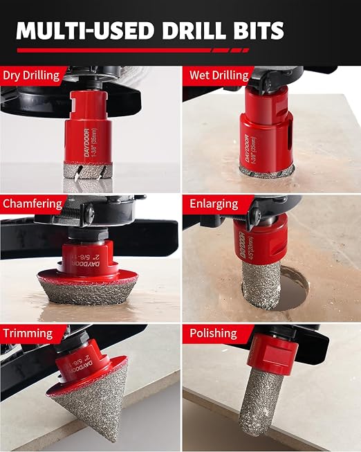 DAYDOOR Diamond Hole Saw Kit, 11-PieceTile Hole Saw Kit 1/4" 5/16" 4/5" 1" 1-3/8" 2" 2-1/2" 4",Vacuum Brazed Core Drill Bits for Porcelain Tile, Granite, Marble, Stone(Red)