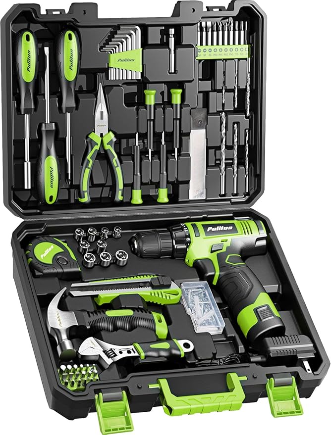PULITUO Drill Set, 149-Piece Home Tool Set with 12V Green Cordless Drill, ToolBox, Hand Tool Kits for Women Men, DIY Enthusiasts for Home Improvement.