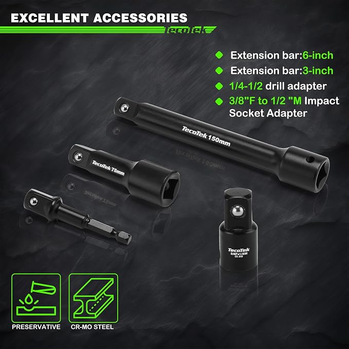 TecoTek 19 PCS 1/2" Drive Shallow Universal Impact Socket Set, Swivel Socket Set, Metric Socket Set with Flexible Wobble, 10-24mm, Cr-Mo Steel, Includes Extension Bars and Adapter