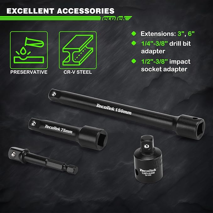 TecoTek 19 PCS 3/8" Drive Shallow Universal Impact Socket Set, Swivel Socket Set, 8-22mm, Metric Socket Set with Flexible Wobble, Cr-Mo Steel, Includes Extension Bars and Adapter