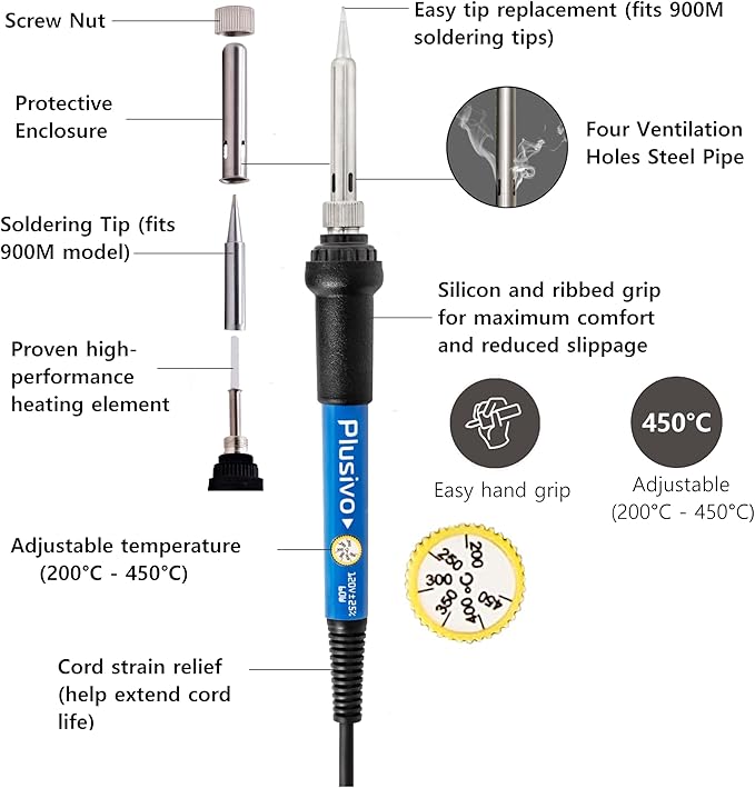 Soldering Iron Kit 60W Adjustable Temperature 5-in-1 Electronics Repair Kit, Solder Wire, Stand, Sponge & Rosin Flux, Fast Heating Soldering Tool for Desoldering, DIY, Circuit Board, Electrical Repair