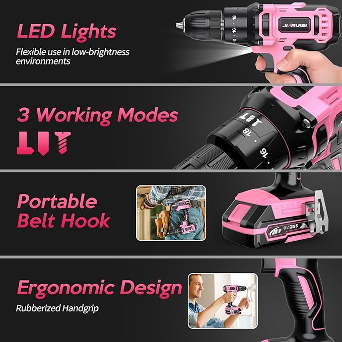 20V Cordless Drill, Electric Power Drill Set with Battery Charger and Carrying Case, 3/8” Keyless Chuck, 2 Variable Speed, 18+3 Torque, 72pcs Driver Bits and Belt Hook, Pink