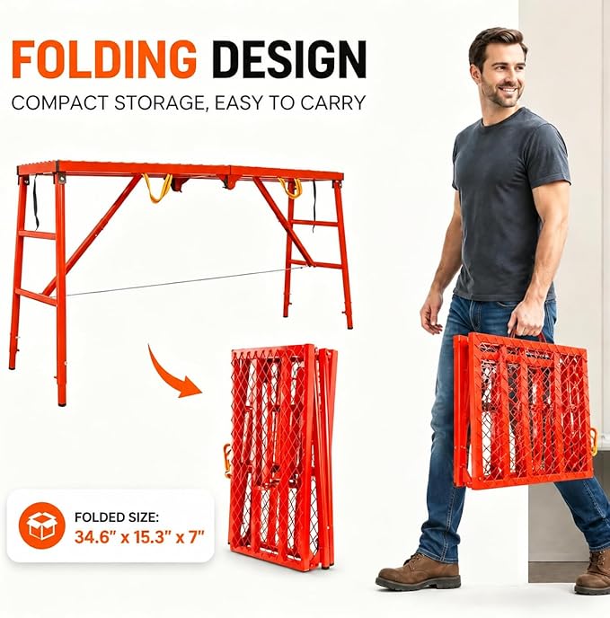 Scaffolding Work Platform 74” x 20” x 60”, 1000LBS Heavy-Duty Steel, 5-Level Height Adjustable Anti-Slip Foldable Scaffolding Platform, Portable Scaffolding Platform Ladder for RV Repair