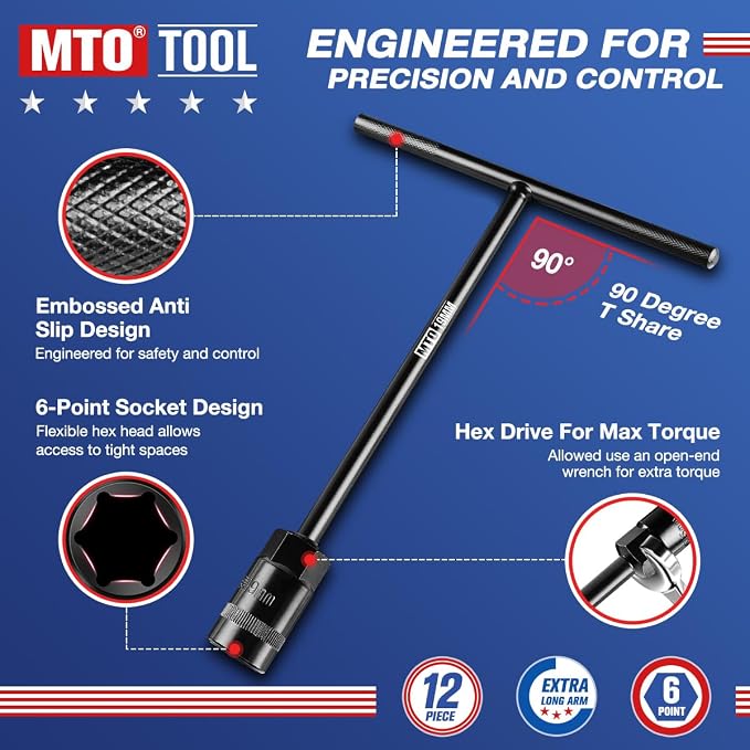MTO T-Handle Metric Socket Wrench Set, 6-Point (6mm-15mm, 17mm, 19mm) with Hanging Organizer Strap, Cr-V Steel Lug Wrench Hex Socket for Motorcycle Car Bicycle Repair (12 Pack)