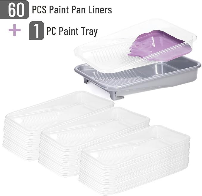 Bates- Paint Tray Set, 9 Inch, 62 pcs, 1x 9 Inch Paint Tray Liners, 60x Disposable Plastic Liners & 1x Roller Frame