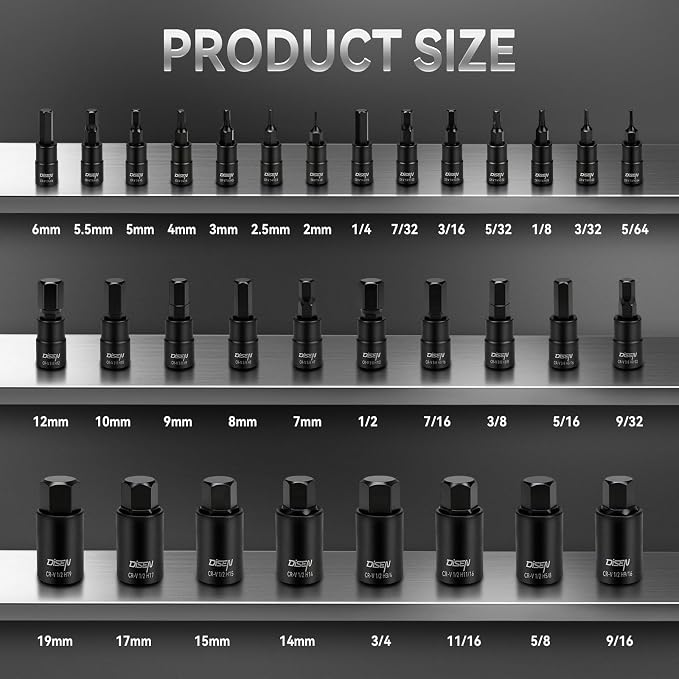 DISEN 32PCS HEX Bit Socket Set, SAE & Metric Allen Wrench Socket Set | Drive Master Allen Impact Socket Set with Enhanced Storage Case, Chrome Vanadium Steel & S2 Alloy Steel