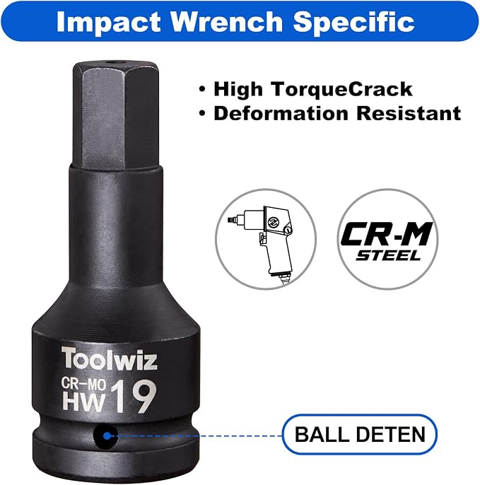 Toolwiz 3/4 Inch Drive Impact Hex Bit Set, 5-Piece Metric 14mm-24mm, Cr-Mo | One-Piece Construction, Impact Grade, Professional Automotive Impact Bit Socket Set, Heavy Duty PVC Storage Case