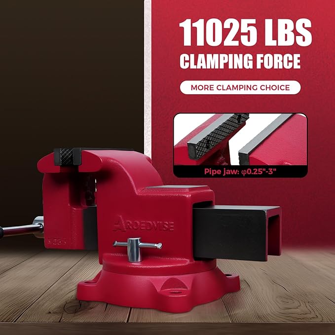 8" Heavy-Duty Bench Vise, 8" Jaw Width & Opening, 11,025 lbs Clamping Force, 60,000 PSI Ductile Iron Vise with 360° Swivel Base, Anvil & Pipe Jaws for Metalworking Industrial Use (RS80)