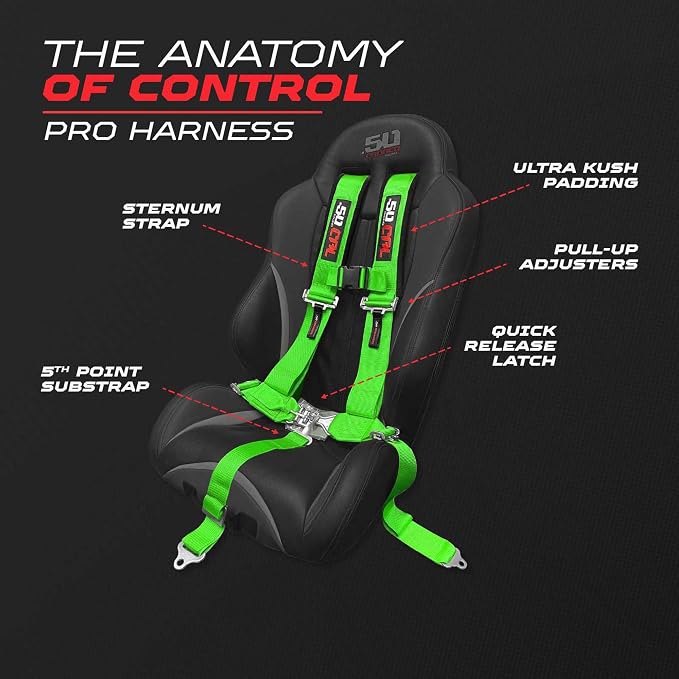 1pc 50 Cal Green 5 Point Harness w/ 2" straps, Racing Harness Seat Belt | Ultra Kush padding, Race latch quick release hardware. Universal Fit for UTV, RZR, race car. Part# 6009A1