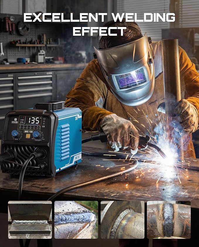 SEESII 135A MIG Welder 110V - 3-in-1 Gasless Flux Core/Lift TIG/Stick Welding Machine, 7.7lbs Portable IGBT Inverter, Large Digital Display Multi Process Welder