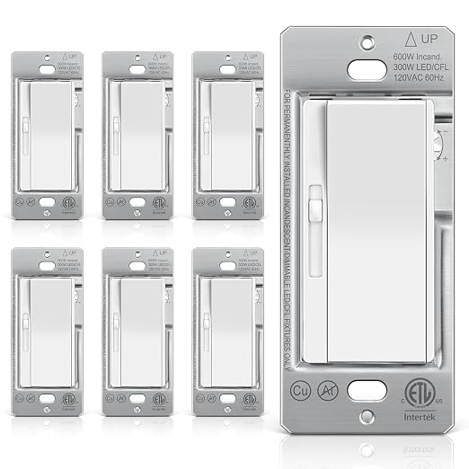 BESTTEN 6 Pack Super Slim Slide Dimmer Light Switch, Single Pole or 3 Way Dimmer Switches, Compatible with LED Dimmable Lamp, CFL, Incandescent, Halogen Bulb, ETL Listed, White