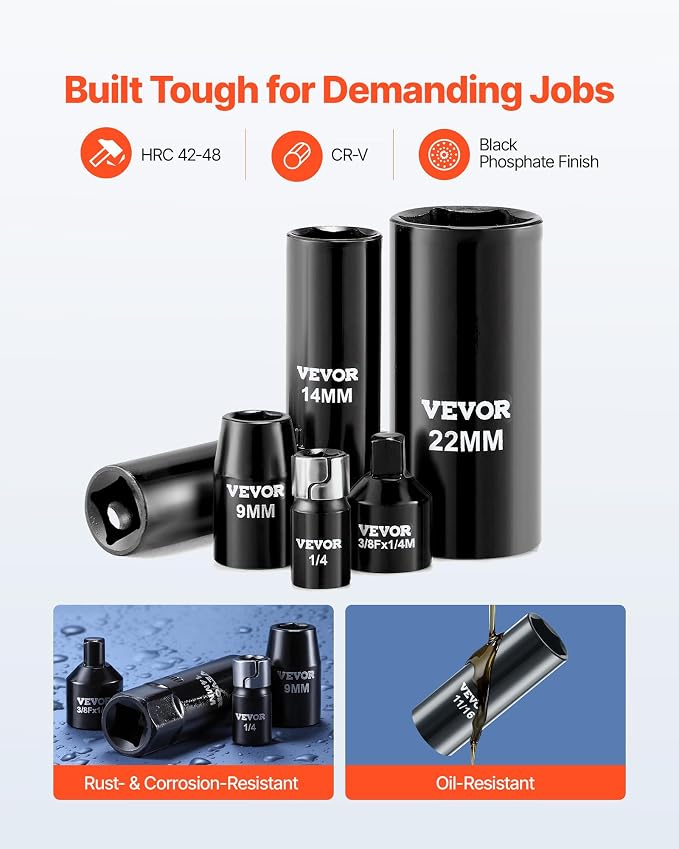 VEVOR 96 Piece 3/8" Drive Impact Socket Wrench and Bit Set, SAE (5/16" to 3/4") & Metric (8 to 22 mm), CR-V, Deep & Shallow, 6 Point, Ratchet, Universal Joint, Bit Holder, Adapters, Spark Plug Socket