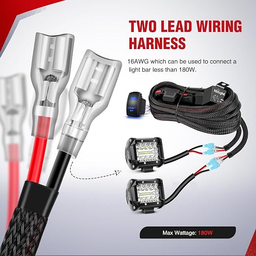 Nilight Nylon LED Light Bar Wiring Harness Kit 16 AWG 2 Leads | 12V 5Pin Rocker Switch, Laser On/Off Power Relay & Blade Fuse for Off Road Lights on Cars Jeep Boat Trucks