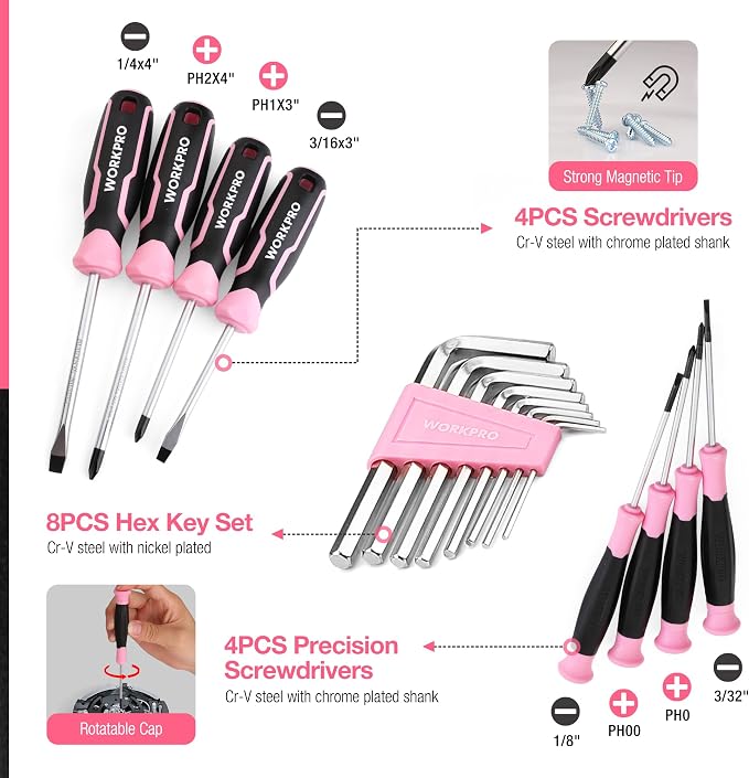 WORKPRO 277PCS Pink Tool Set, Portable Home Repairing Tool Kit for Women