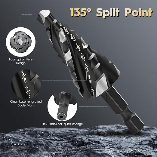 3PCS Titanium Step Drill Bit - Four Spiral Flute HSS Step Bit, Sizes from 1/8" to 7/8" with 1/4" Hex Shank, Steps Bits for Metal, Aluminum, Wood & Plastic, for Electricians & DIY