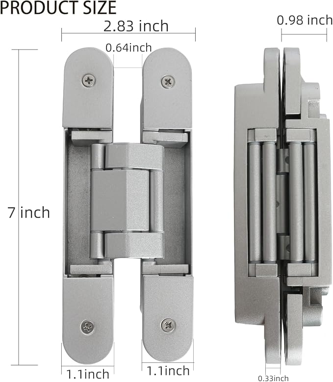 2-Pack 7 inch Silver Hidden Door Hinges,Heavy Duty Zinc Alloy Concealed Hinges, Invisible 180 Degree Swing Hinge, 3 Way Adjustable Butt Hinge