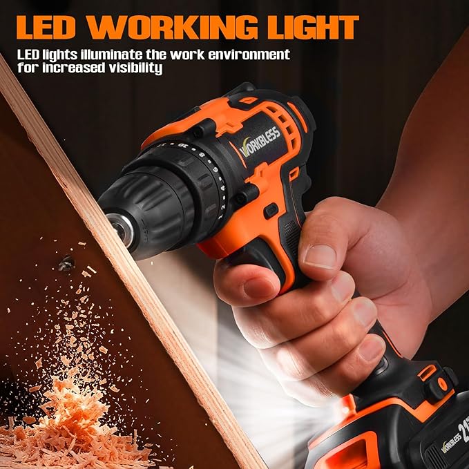 WORKBLESS 21V Power Drill Set, Cordless Drill with Batteries and Charger, 3/8'' Keyless Chuck, Variable Speed, 18+1 Torque Setting and 28pcs Bits Tool Set(Orange, 2 Batteries)