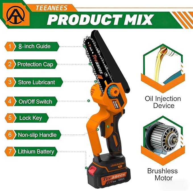 8" Mini Chainsaw Cordless, 1200W Brushless Electric Chain Saw with 2x 4000mAh Batteries & 6 Chains, 2-in-1 Dual Bar (8" & 6") Battery Powered Chainsaw, for Tree Trimming (Orange)