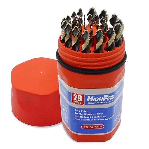 HIGHFIRE 29 Pieces HSS Stepped Point Drill Bit Set 1/16"-1/2", Gold and Black 3-Flat Shank for Metal, Steel & Acrylic - No Pilot Hole Needed - Industrial, MRO & DIY Use
