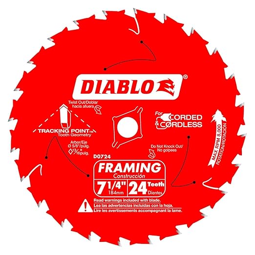 Diablo Framing Saw Blade for Wood - 7-1/4" Diameter, 24 ATB Teeth, 5/8" Arbor, .059" Kerf, 15° Hook Angle, .040" Plate, 8000 Max RPM, 3-Pack - D0724X3