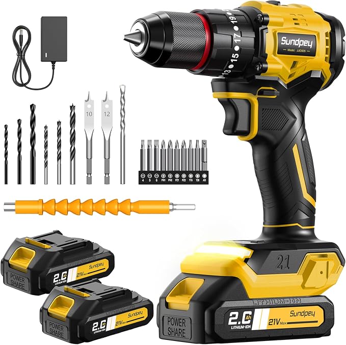 Sundpey Cordless Power Drill Set - 620in-lbs 3/8" Metal Chuck Electric Drill w/Brushless Motor & 23+3 Torque Settings & 2 Battery & LED Light - Drills Driver for Home DIY Woodworking Bricks Drilling