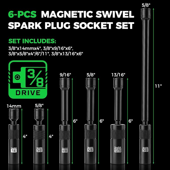 TecoTek 6-Piece 3/8" Drive Magnetic Swivel Spark Plug Socket Set, 12-Point, Includes 9/16", 5/8", 13/16", 14mm Sockets with 4", 6", 11" Extensions for Automotive Repair