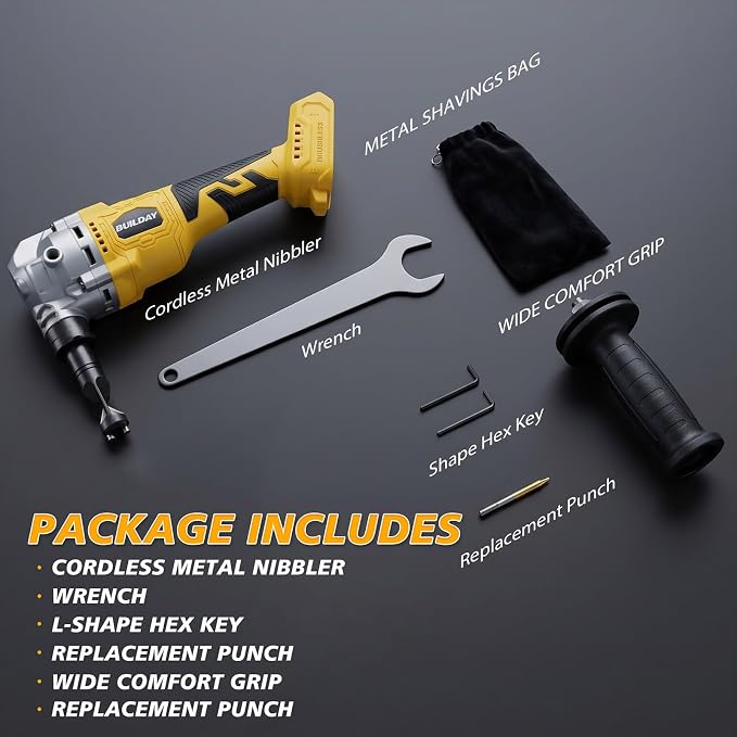 Cordless Metal Nibbler Compatible with DeWalt 20V Battery, 16-Gauge, 2000 SPM Variable Speed Brushless Motor, Ergonomic Handle, 2 Blades (1 Spare), for Stainless Steel/Aluminum/Mild Steel (Tool Only) | Brushless motor, extra-wide grip, debris collectio...