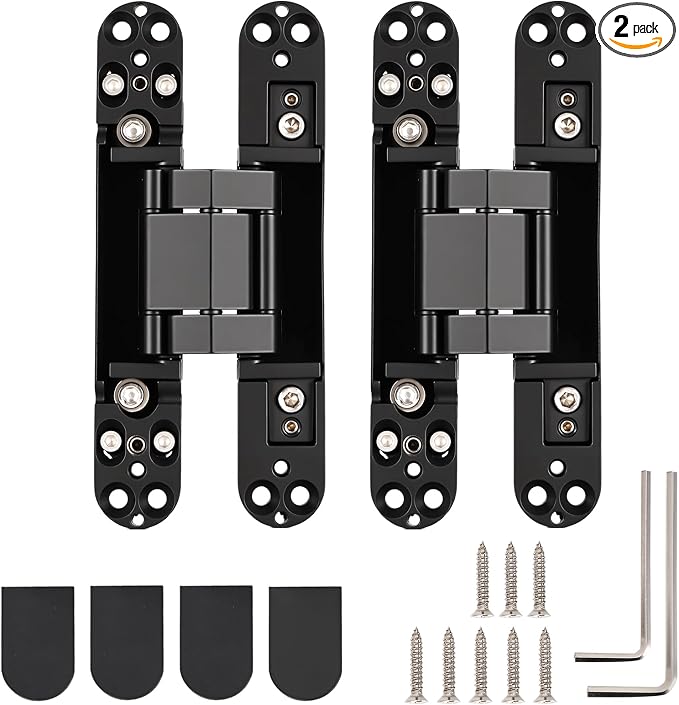 HBL' 2 Pack Hidden Door Hinges, 7 Inch Black Heavy Duty Hidden Hinges for Secret Doors, 3-Way Adjustable to Bulid Conceal Bookcase Door