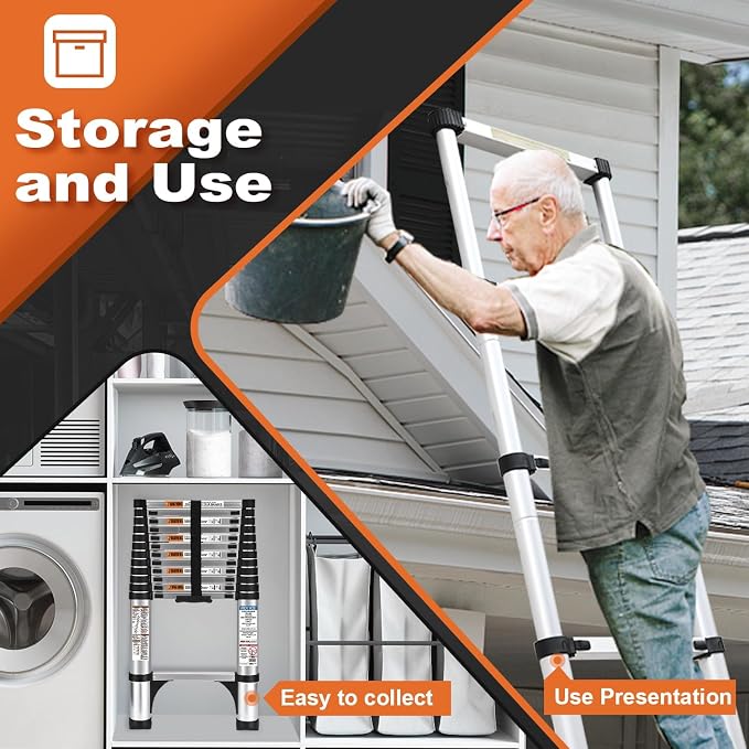 Telescoping Ladder, SocTone 12.5 FT Aluminum Lightweight Extension Ladder with 2 Triangle Stabilizers, Heavy Duty 250lbs Max Capacity, Multi-Purpose Collapsible Ladder for RV or Outdoor Work